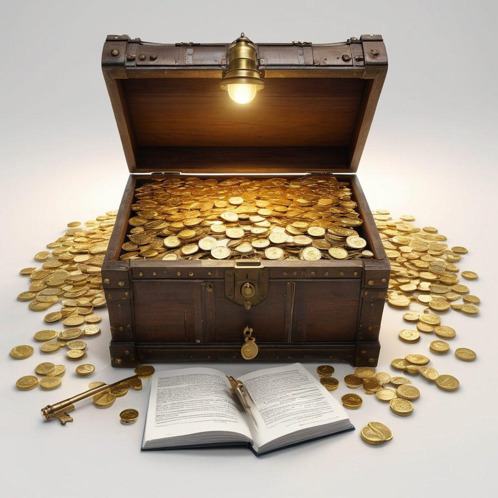 An illuminated key unlocking a treasure chest filled with gold coins and blogging tools like laptops and notepads, surrounded by floating dollar signs and gears representing innovative techniques. A light bulb shines above symbolizing ideas and creativity. Bright and inviting colors create a sense of opportunity and excitement. super-realistic. vibrant colors. white background.