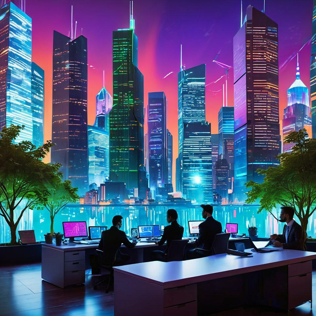 A futuristic landscape featuring a digital city skyline interspersed with green spaces, where bloggers work at sleek desks equipped with high-tech gadgets. In the foreground, a diverse group of bloggers passionately discussing money strategies while analyzing futuristic graphs and financial charts projected in 3D. The atmosphere should convey innovation, collaboration, and optimism for financial growth. vibrant colors. cyberpunk style.